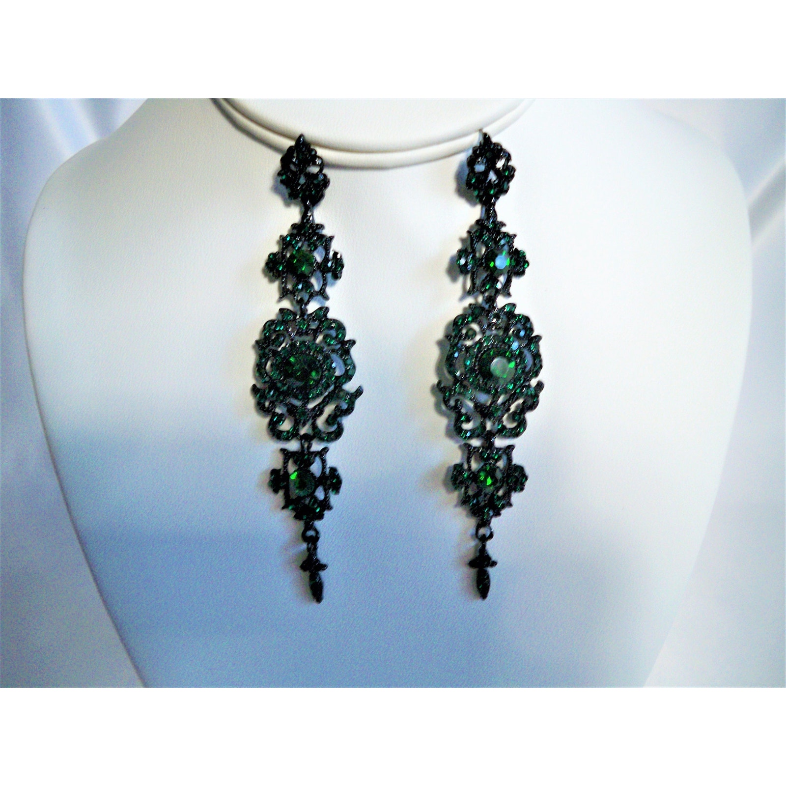 Green Rhinestone Blackened Metal Dangle Earrings, Bridal Mob Formal Earrings